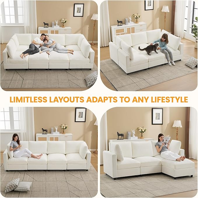 89'' 3-Seater Modular Sectional Cloud Sofa with Ottoman, L-Shaped Couch for Living Room, Modern Convertible Deep Seats Sofa, Chenille Beige