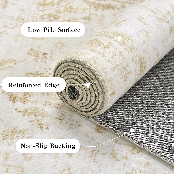 2x3 Vintage Washable Area Rugs for Entryway Soft Non-Slip Bath Mat Boho Medallion Distressed Retro Accent Carpet Floral Low Pile Indoor Throw Rug for Kitchen Laundry Living Room Bedroom, Beige