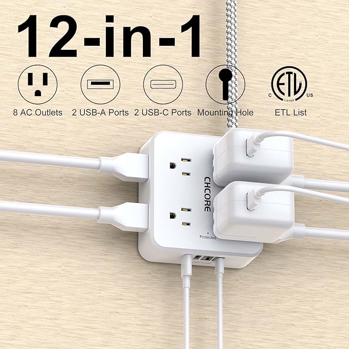Surge Protector Power Strip - CHCORE 15Ft Braided Extension Cord with 8 Outlets with 4 USB (2 USB C) Charging Ports, Flat Plug Multi Plug Outlet Extender Charging Station for Home Office, ETL, White