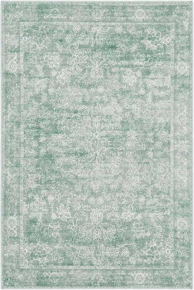 jinchan 2x3 Washable Rug for Entryway - Kitchen Mats Vintage Floral Ultra-Thin Low Pile Soft Throw Small Non-Slip Distressed Doormat Accent Rug for Entrance Bathroom Bedroom (2'x3', Green)