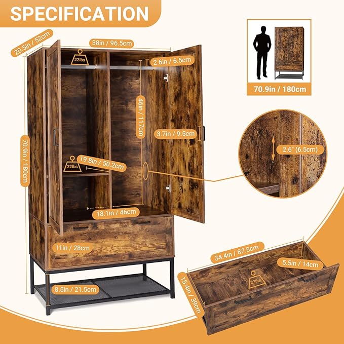 VINGLI 38" W Armoire, Wardrobe Closet with Hanging Rod, Bedroom 71" Freestanding Wardrobe Cabinet with Doors, Adjustable Shelves and Drawer, Open Compartment, Rustic Brown