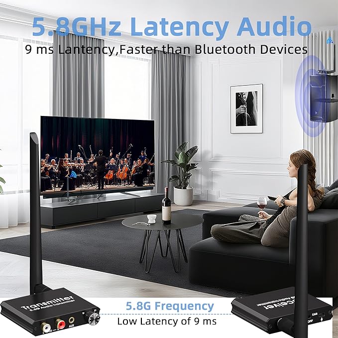 YEUGICEO 5.8GHz Wireless RCA AUX Audio Transmitter Receiver for TV Pojector,164Ft,9ms Latency, Volume Contral Knob, Used for TV Pojector to Activer Speaker Soundbar AMP