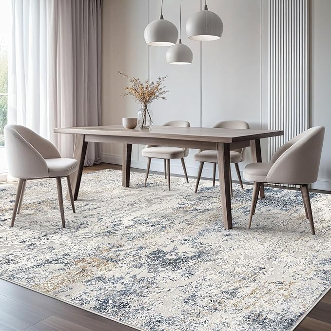 Area Rug Living Room Rugs - 6x9 Abstract Large Soft Indoor Washable Rug Neutral Modern Low Pile Carpet for Bedroom Dining Room Farmhouse Home Office - Beige Blue
