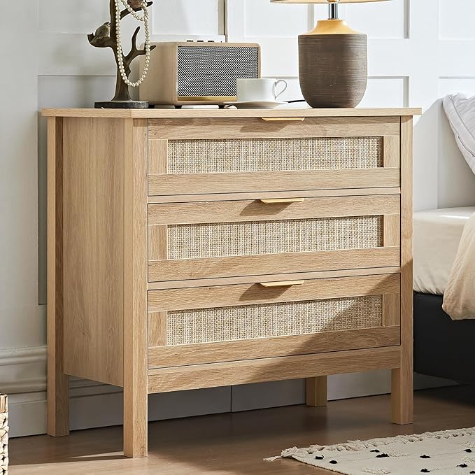 LEYAOYAO 31.5" Wide Rattan Nightstand, Large Boho 3 Drawer Night Stand, Natural Wood Bedside Table with Storage, Tall Bed Side End Tables, Chest of Drawers Dressers for Bedroom, Living Room, Hallway