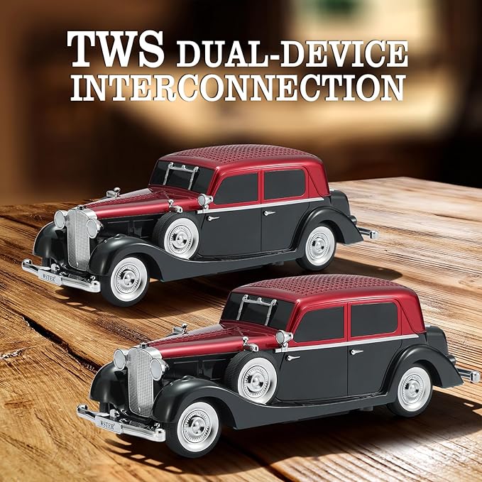 WSTER Vintage Car Bluetooth Speaker, Retro Classic Model with Powerful Sound, Built-in Mic, TWS Dual Pairing, Multi-Interface Output, Portable Wireless Outdoor Speaker for Parties & Beach (RED)