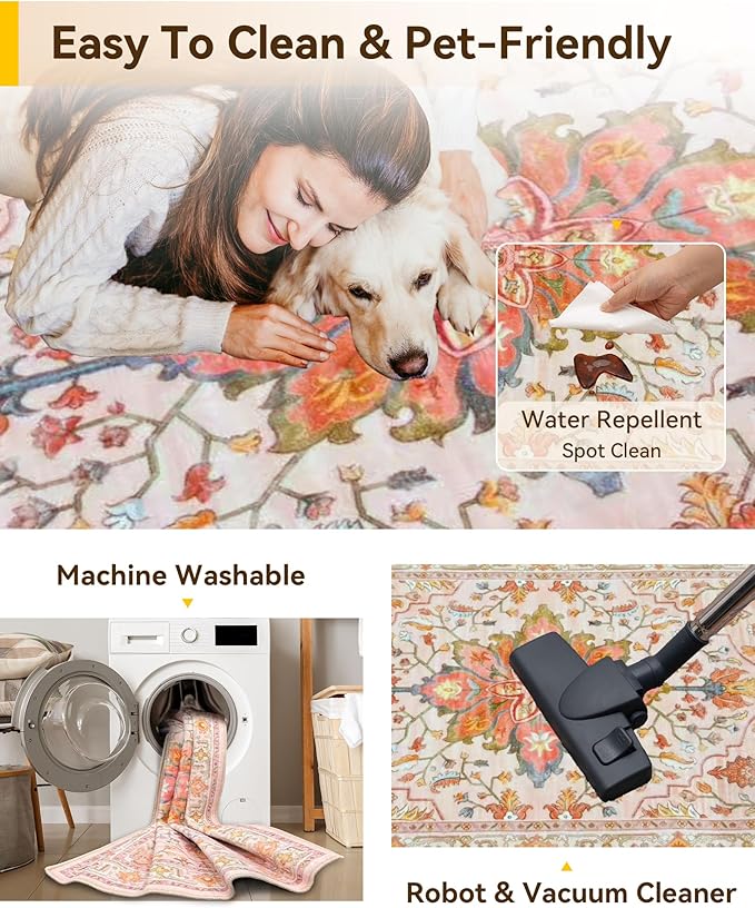 Area Rugs 2'x3' Washable Non-Slip, Floral Vintage Distress Print Pattern Medallion Carpet for Living Room Bedroom Dining Room, Light Pink Colorful