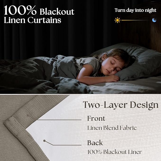 Taupe Grey 120 Inch Blackout Pinch Pleated Curtains 2 Panel Set for Living Room Darkening Thick Linen Textured 100% Black Out Drapes 120 Inches Long Pinch Pleat Light Blocking Bedroom Grayish Brown