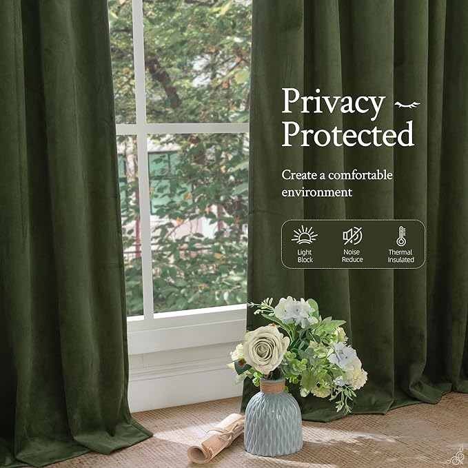 LAMIT Olive Green Velvet Blackout Curtains 78 Inch, Vintage Thermal Insulated Room Darkening Drapes for Living Room Back Tab and Rod Pocket Privacy Window Panels for Bedroom, 2 Panels, 52 x 78 Inch