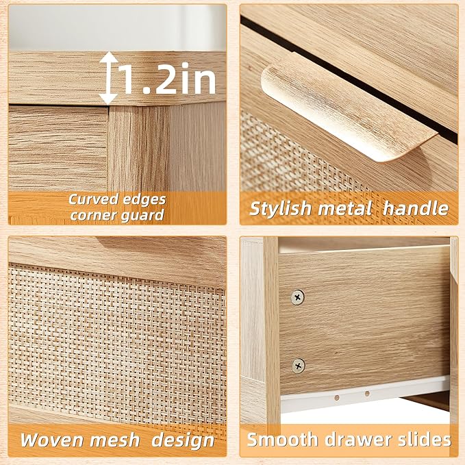 LEYAOYAO Narrow Side Table with Charging Station, 24x14''Rattan Night Stand with Drawer Storage, Natural Wood Bedside End Table for Small Spaces, Boho Nightstand for Living Room Bedroom