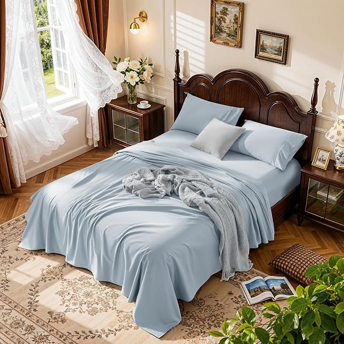 LBRO2M 1000 Thread Count 100% Egyptian Cotton Sheets Set California King Size, 4 Piece Sets Bed Sheet Deep Pocket Sheet Set 16" Soft Comfortable All Season (California King, Ice Blue)