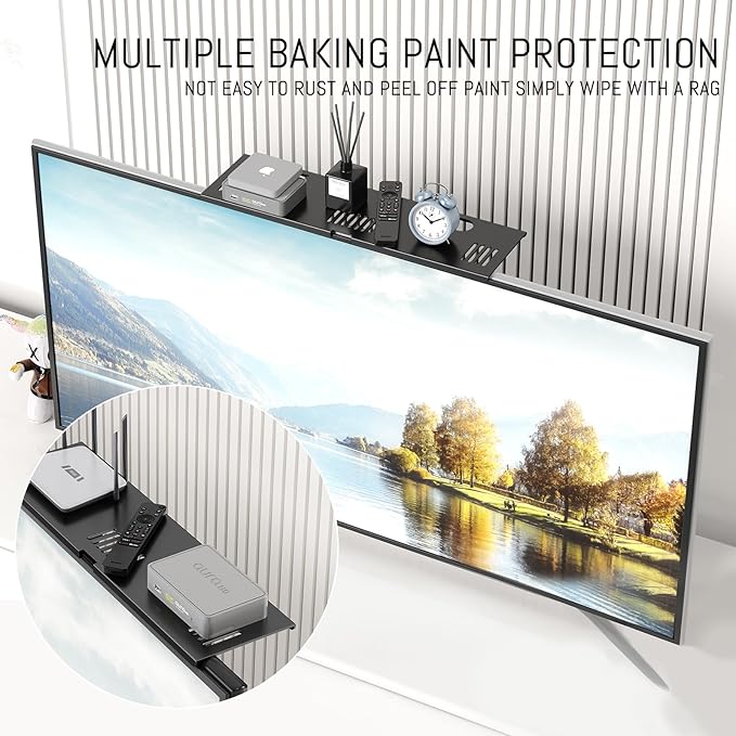 Adjustable Steel TV Top Shelf, Floating TV Stand, Universal Monitor Shelf for Soundbar, Game Console, Cable Box, Router Shelves and Home Accessories (No Storage Boxes, 1PCS)