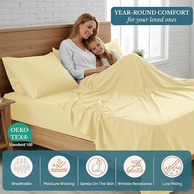 Casa Platino Sheets Split King Size Bed Set, Pre-Washed Ultra Soft Split King Bed Sheets Set, Brushed Microfiber Cooling Sheets, Split King Size Sheets Set with Deep Pockets - Vanilla