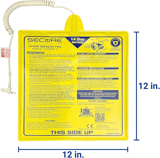 Secure Chair Alarm for Elderly Fall Prevention - 12" x 12" Pressure Sensor Pad with 80-120 dB Monitor – Wheelchair Safety Caregiver Alert System for Seniors, Dementia, and Alzheimer’s Patients