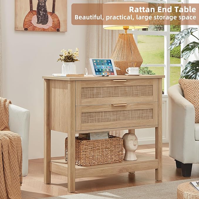 LEYAOYAO 31.5" Wide Rattan Night Stand with Charger Station, Oversized Large Boho Nightstand with 2 Drawer, Natural Wood Bed Side End Tables, Tall Bedside Table for Bedroom Living Room, Hallway