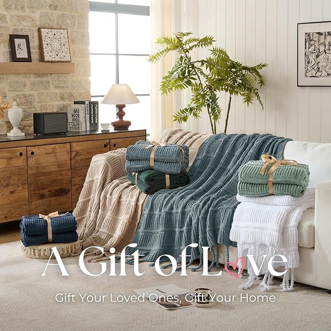 Boho Knitted Chenille Blanket with Tassels - Lightweight & Soft All-Season Throw - 3D Classic Pattern for Living Room Bedroom Couch, Celestial Blue, Throw 50"x60"