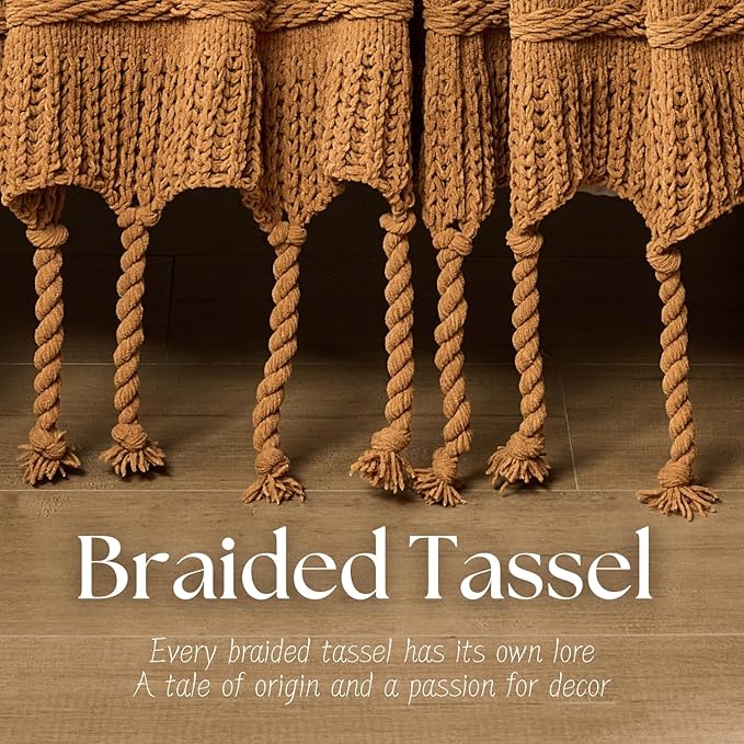 Boho Knitted Chenille Blanket with Tassels - Lightweight & Soft All-Season Throw - 3D Classic Pattern for Living Room Bedroom Couch, Amber Brown, Queen 90"x90"