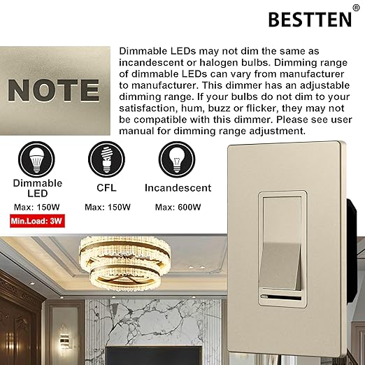 BESTTEN 10 Pack Matte Champagne Gold Dimmer Light Switch, Single Pole or 3-Way, Compatible with Dimmable LED, CFL, Incandescent and Halogen Bulb, 120VAC, Signature Collection, UL Listed