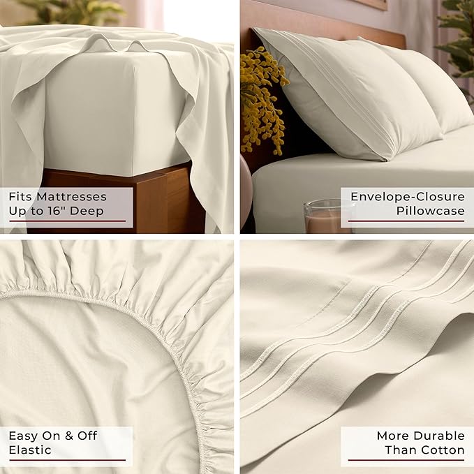 Mellanni Twin XL Sheet Set - 4-Piece Iconic Collection Bedding, (Including 2 Pillowcases), 16-Inch Deep Pocket, Easy Care, Extra Soft, Cooling Sheets, Brushed Microfiber - Golden Ivory