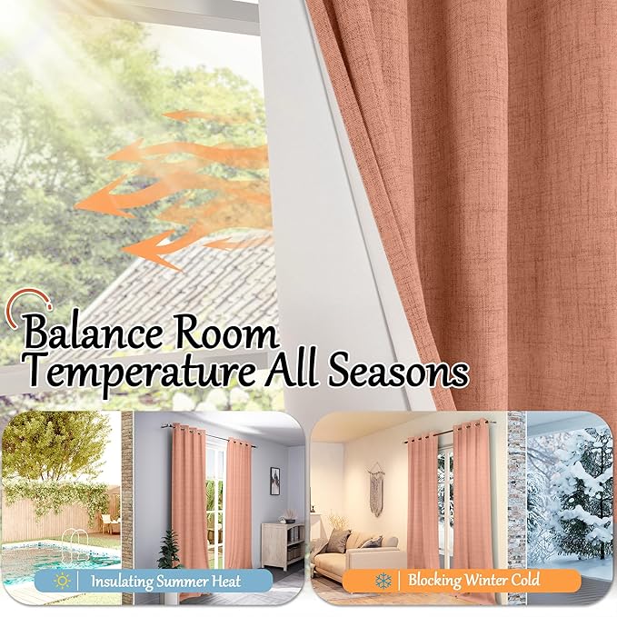 Linen Blackout Curtains 90 Inch Long, Terracotta Extra Long Curtains for Bedroom Living Room Modern Farmhouse, Thermal Light Blocking Faux Linen Energy Save Drapes Each 52x90 Inch 2 Panels