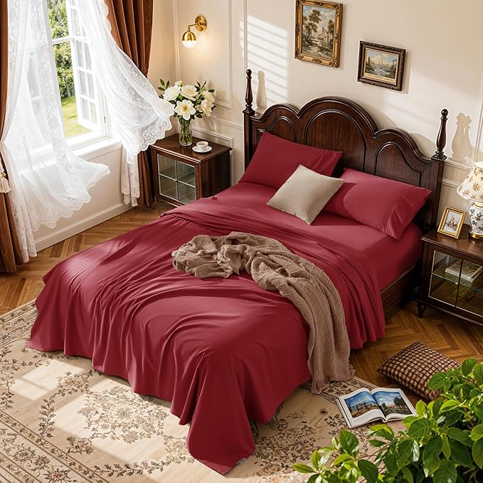 LBRO2M 1000 Thread Count 100% Egyptian Cotton Sheets Set Full Size, 4 Piece Sets Bed Sheet Deep Pocket Sheet Set 16" Soft Comfortable All Season (Full Burgundy)