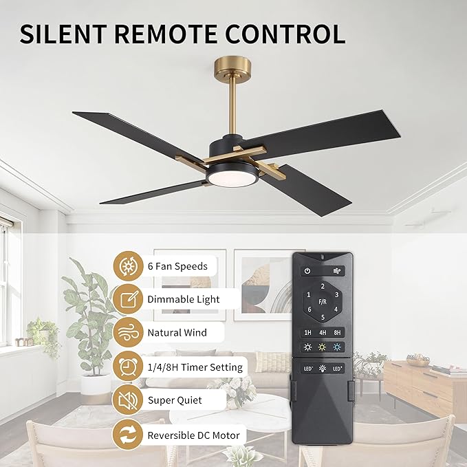 WINGBO 54 Inch Ceiling Fan with Light and Remote, 4 Plywood Blades, 6-Speed Reversible DC Motor, Dimmable, 3CCT, Farmhouse Ceiling Fan for Bedroom Living Room Kitchen, Brass and Black