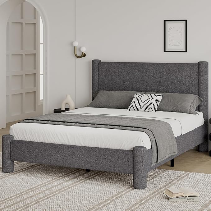 Queen Size Bed Frame, Boucle Upholstered Platform Bed Frame with Headboard and Footboard, Soft Bed Frame with Rounded Corners, No Box Spring Required, Easy Assembly, Dark Grey