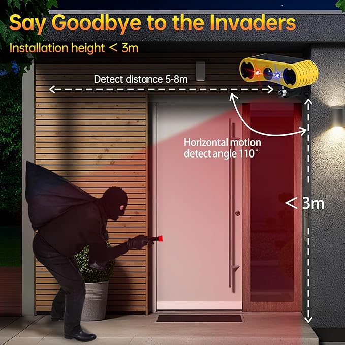 Solar Motion Sensor Alarm Outdoor,Motion Sensor Alarm,13 Sound,Dog Barking&Gunshot,2x130db Loud Noise Maker,4 Modes,Red&Blue Motion Activated Strobe Light,Say Goodbye to The Intruders,for Garden,Yard