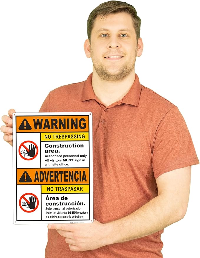 Brimar - 10" x 14" - Bilingual Warning Construction Area No Trespassing Sign - .055″ Polyethylene Plastic - Bold Text - Easy Installation