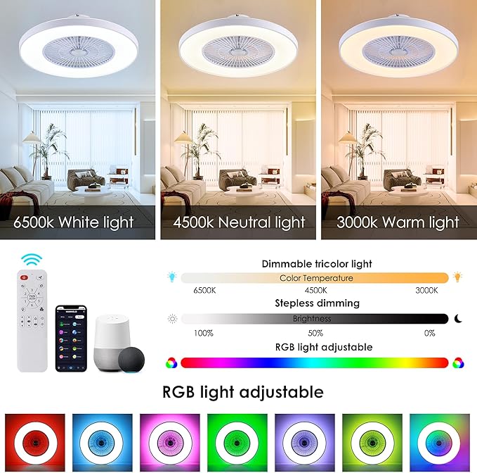 HUMHOLD 24" Bladeless Ceiling Fans with Lights and Remote/APP/Voice Control, Low Profile Ceiling Fan with RGB Lights, Enclosed Flush Mount Ceiling Fan for Kid's Bedroom/Living Room