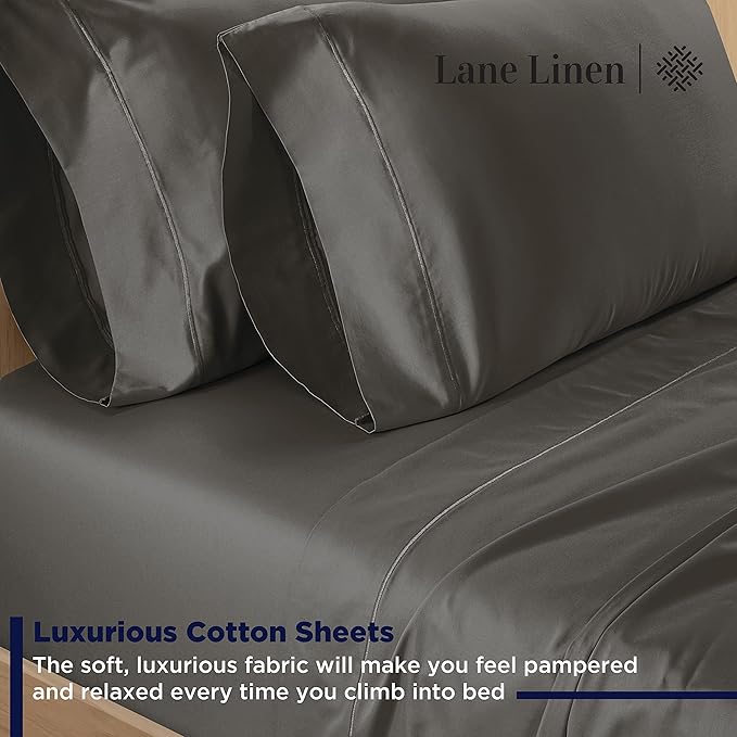 LANE LINEN Queen Size Bed Sheets Set – 600 Thread Count 100% Natural Cotton Cooling Sheets, Hotel Luxury Soft Sateen Finish, Snug Fit 15" Deep Pocket Elasticized Fitted Sheet – Charcoal