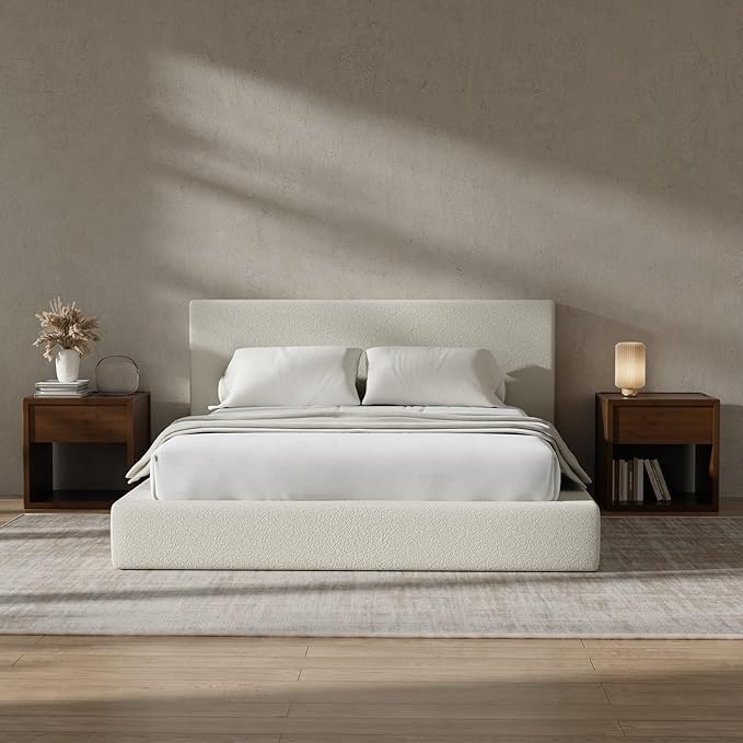 RECCI Cloud Boucle Upholstered Queen Bed Frame with Headboard, 5 Inch Foam Padded Platform, No Box Spring, Easy Assembly(Beige)