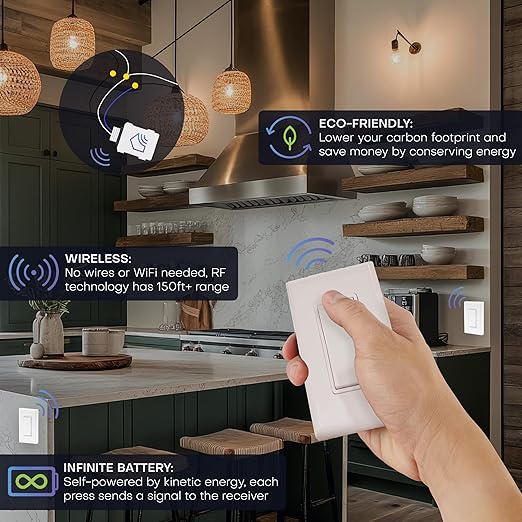RunLessWire 4-Way Battery-Free DIY Wireless Light Switch Kit 150ft RF Range Self-Powered by Kinetic Energy for Hallways & Stairways: 3 Remote Switches Control 1 5A On/Off Receiver – Ivory