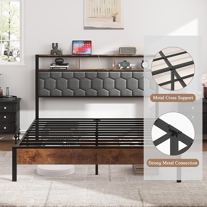 Full Size Bed Frame with Storage Headboard & Charging Station, Platform Bedframe with LED Lights, Upholstered Headboard, Metal Slat Support, No Box Spring Needed