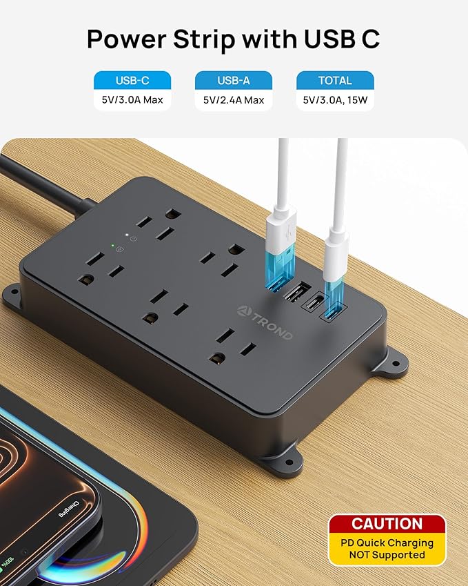 TROND 360° Rotating Flat Plug Power Strip, 5 Widely-Spaced Outlets with 2 USB A and 2 USB C, ETL Listed, 1300J Surge Protector, Wall Mountable, 5ft Extension Cord, for Home Office, Black