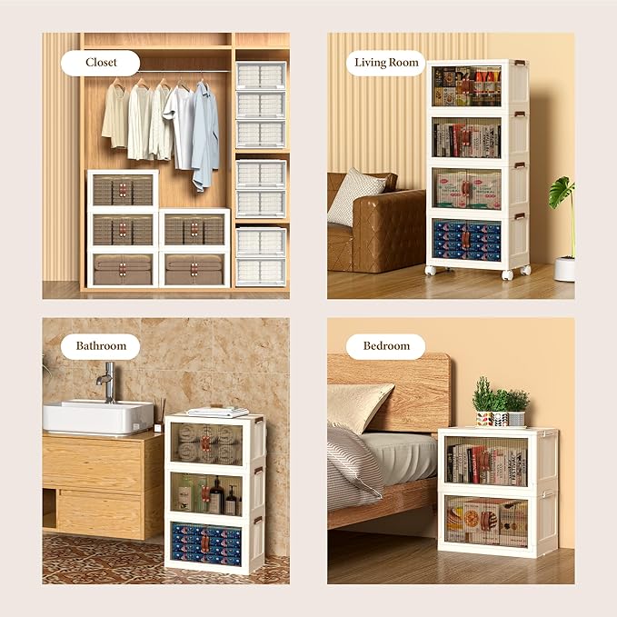 130 QT Large Plastic Storage Bins with Lids Open Front, Stackable Storage Containers with Wheels for Clothes, Home, Room, White, 5 Tiers