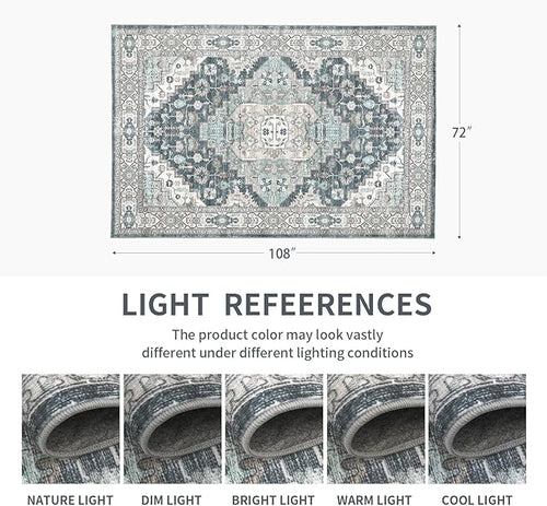 6x9 Vintage Washable Area Rug for Living Room,Low Pile Non Slip Carpet Non-Shedding Area Rug Soft Indoor Stain Resistant Rug Boho Print Mat for Bedroom Dining Room Blue Beige Multi