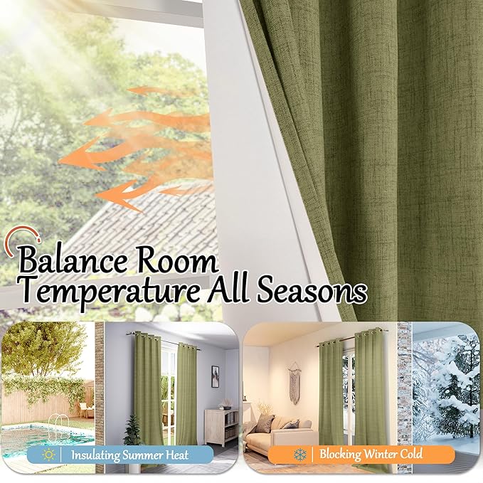 Olive Green 100% Linen Blackout Curtains for Living Room 63 Inch Long 2 Panels, Thermal Insulated Noise Reducing Window Total Black Out Curtains for Bedroom, Each 52x63 Inch 2 Panels