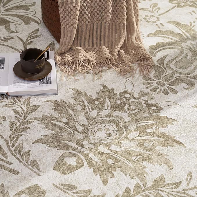 jinchan Torino Runner Rugs 2x5 - Vintage-Inspired Floral Neutral Design Machine Washable Non-Slip Ultra-Thin Low-Pile Rubber Backing Runner Rug for Kitchen Hallway Laundry Room Entryway Taupe
