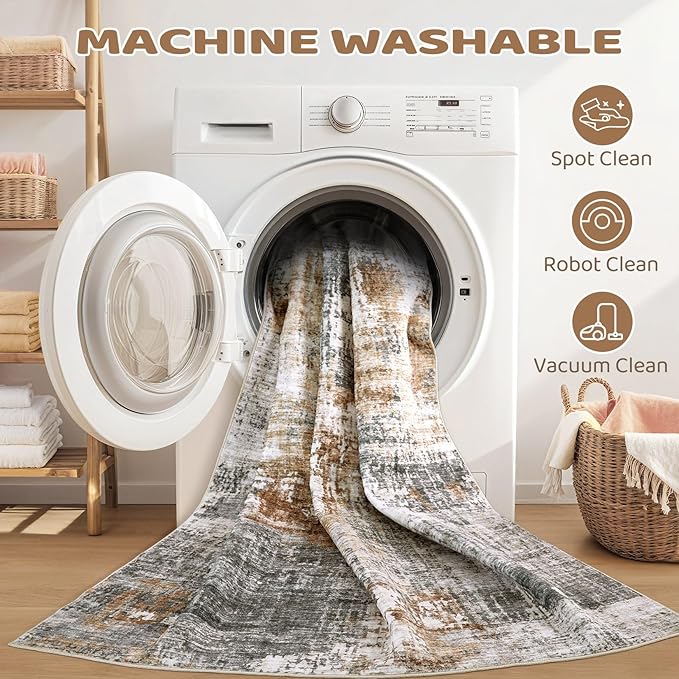 Square Area Rug Living Room Rugs - 6x6 Washable Large Soft Indoor Neutral Modern Abstract Low Pile Rug Carpet for Bedroom Dining Room Farmhouse Home Office - Grey Brown