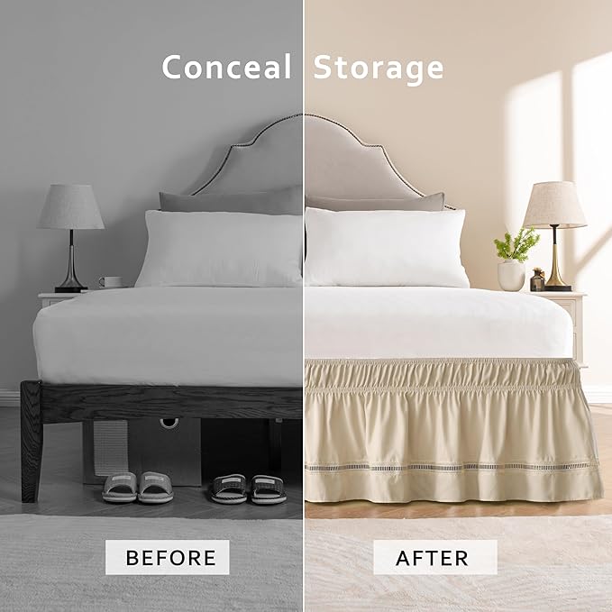 MIYE Wrap Around Ruffled Lace Bed Skirt, Elastic Dust Ruffle with Adjustable Belts, Easy to Put On, Bed Frame Cover, Machine Washable (Ruffled Lace/Beige, Full/Twin-18 Drop)
