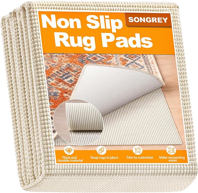 Songrey Non-Slip Rug Pad 7x10 FT, Extra Thick Carpet Pads for Hard Surfaces, Prevents Sliding and Secures Rugs, Provides Floor Protection with Comfort Cushioning