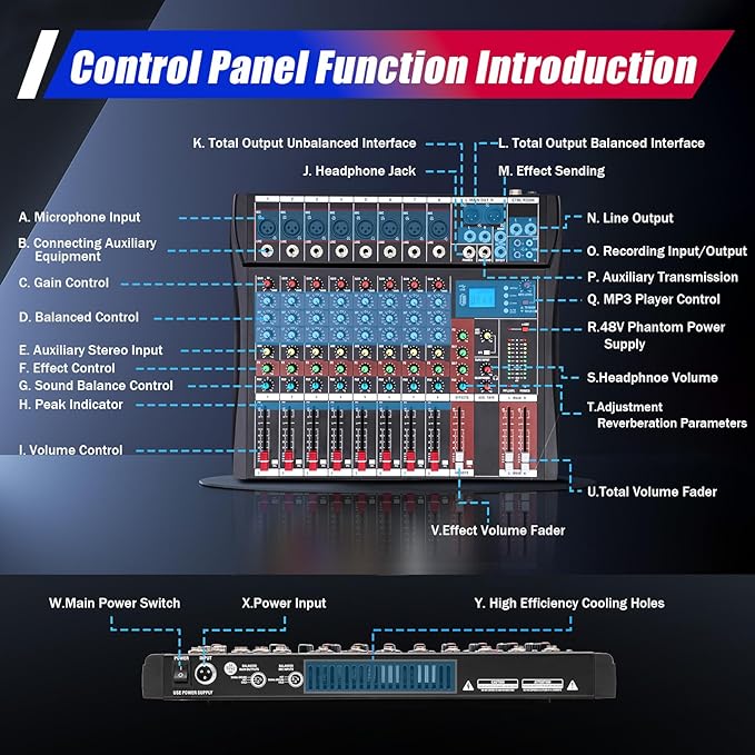 8 Channel Audio Mixer, Professional Audio Mixer with Bluetooth, 48V Phantom Power for Studio Recording, Karaoke and Live Performances