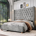 Jocisland King Size Bed Frame with 61.4" Tall Headboard, Velvet Upholstered Wingback Platform Design, Handcrafted Pleats& Deep Button Tufted, Solid Wood Legs, No Box Spring Needed, Gray