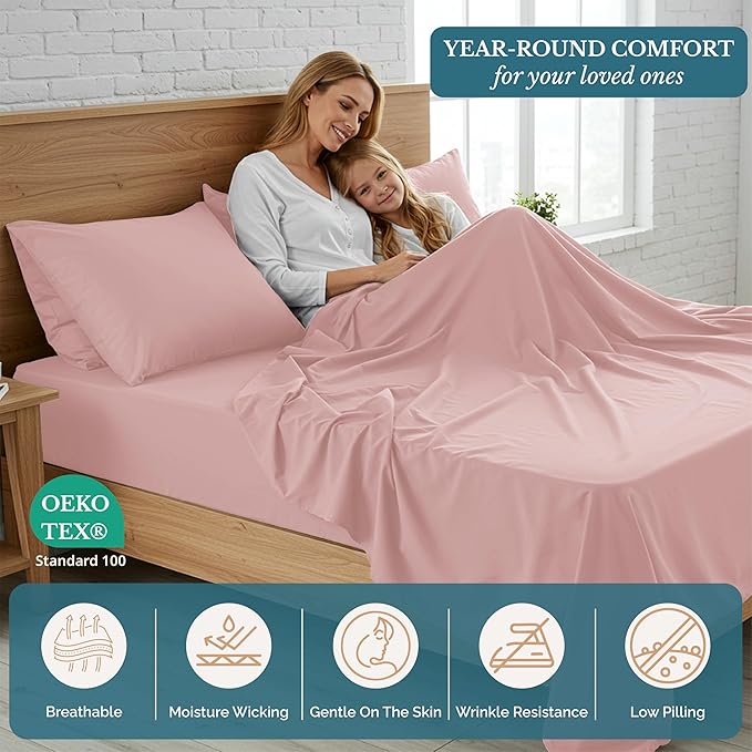 Casa Platino Bedding Sheets and Pillowcases, Pre-Washed Ultra Soft Split King Bed Sheets Set, Hydro-Brushed Microfiber Cooling Split King Size Sheet Set, Deep Pockets - Sepia Rose
