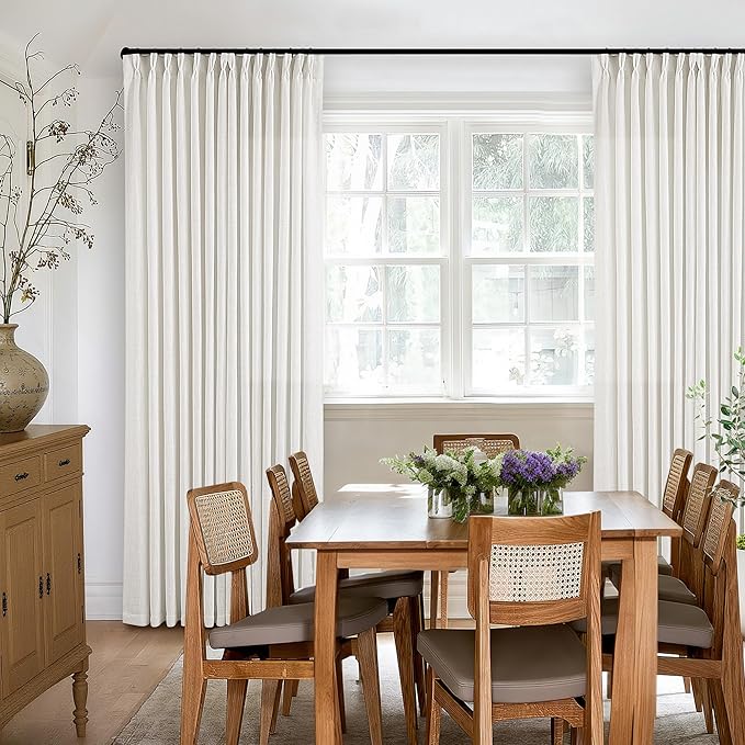 Beige White Pinch Pleated Linen Curtains 2 Panels 100 Inches Long for Living Room Bedroom Memory Training Shaped Semi Sheer Pleat Drapes with Hooks Rings Light Filtering Window Curtain 40x100