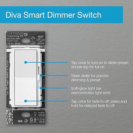 Lutron Diva Smart Dimmer Light Switch for Caseta Lighting (Lutron Smart Hub Required), for LED Lights, 150W, Single-Pole/3-Way, No Neutral, Brown (DVRF-6L-BR)
