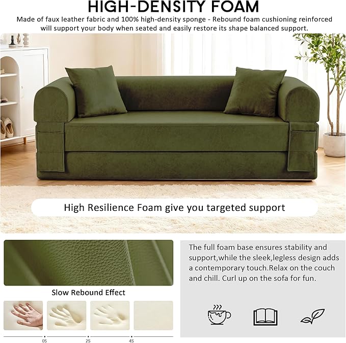 78.5" Convertible Sleeper Sofa Bed, Faux Leather Deep Seat Folding Floor Sofa with Pullout Bed & 2 Pillows, No Assembly Modern Boneless Couch Compression Sofa in Box for Living Room, Office, Green