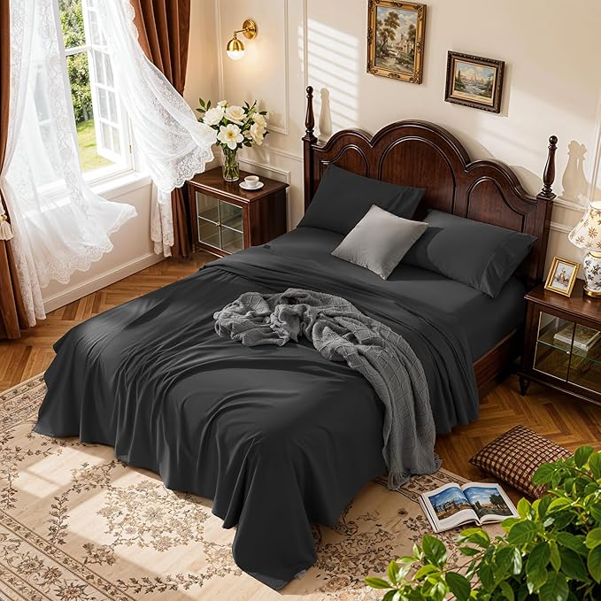 LBRO2M 1000 Thread Count 100% Egyptian Cotton Sheets Set,Full Size Bed Sheet 4 Piece Sets,Long Staple,16 Inches Deep Pocket,All Season,Bedding Super Soft Breathable,Sateen Weave (Black)