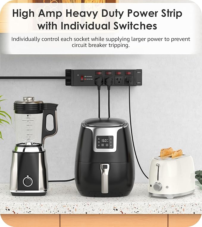 CCCEI Heavy Duty Surge Protector Power Strip 20 Amp Individual Switches. 25FT 12 Gauge Extension Cord with Multiple Outlets. Kitchen, Garage, Shop, Industrial Wall Mount Electric Extender, Black.