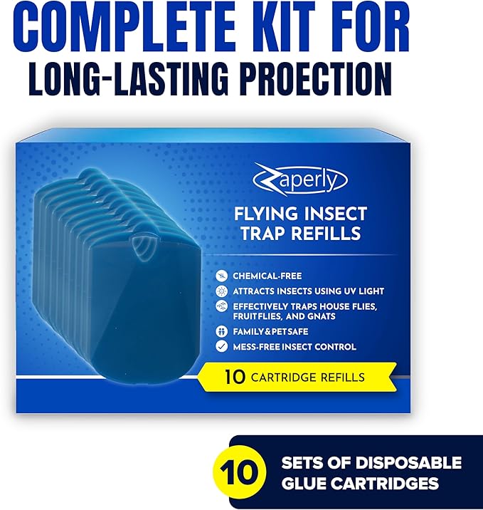 Zaperly 10-Pack Refill Cartridges for Fruit Fly Trap Indoors - Strong Adhesive to Capture Fruit Flies, Gnats, Houseflies, Moths, and Flying Insects